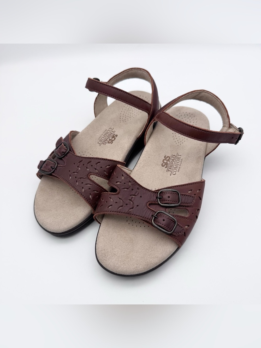 SAS Duo Brown Leather Triple Strap Slingback Sandals Women 5.5 WW Wide EUC - Picture 6 of 10